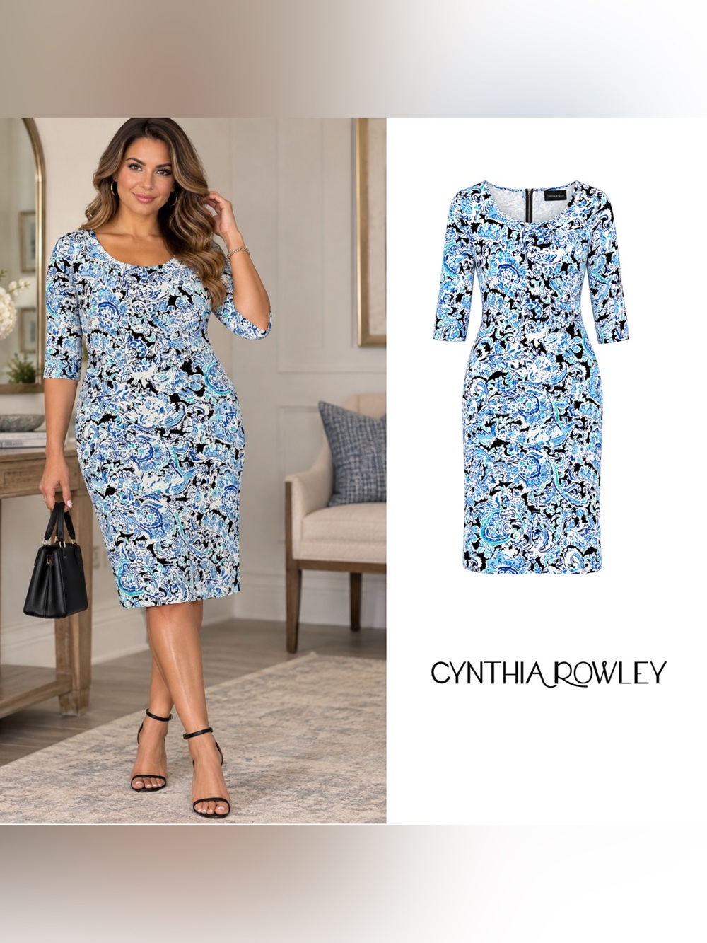NEW Cynthia Rowley Blue & White Paisley Midi Sheath Dress